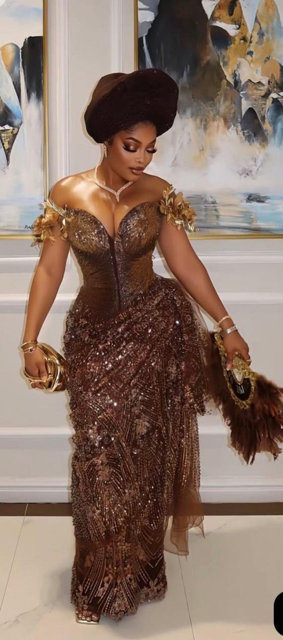Beaded Corset Aso Ebi Gown: Brown & Gold African Wedding Dress