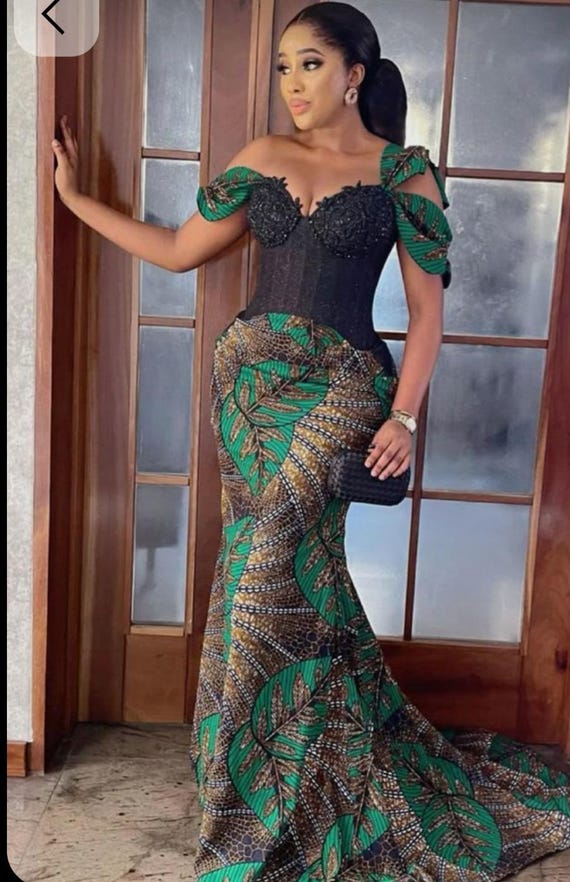 ankara formal dress Plus Size Ankara Sequin Maxi Gown for Wedding & Evening Brown / XXXL