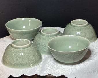 Vintage Celadon Glazed Bowls with Carved Crane Motif | Asian Ceramic Dish | Decorative Bowl