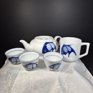 Chinese vintage porcelain hand painted tea set blue and white fish 1970s