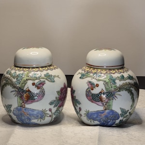 May include: Two matching white ceramic ginger jars with lids. Each jar features a colorful bird and floral design. The jars are round with a bulbous shape and are decorated with pink, blue, green, and yellow accents.