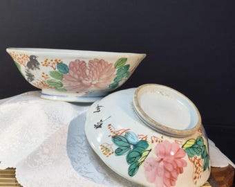 Pair Chinese Porcelain Bowls Famille Rose Floral Bird Qing Dynasty / Early Republic Hand Painted Vintage Asian Decor Collectible