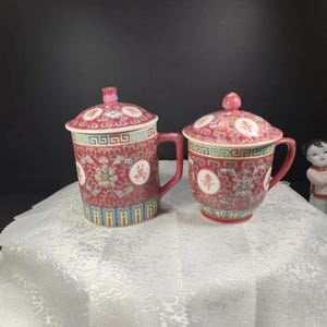 Vintage Jingdezhen Longevity Mugs: Chinese Porcelain Tea Cups, Pair