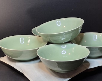 Vintage Celadon Glazed Bowls with Carved Crane Motif | Asian Ceramic Dish | Decorative Bowl