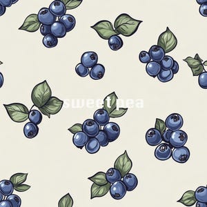 May include: A seamless pattern featuring blueberries with green leaves on a light beige background. The blueberries are arranged in clusters and are depicted in a realistic style.