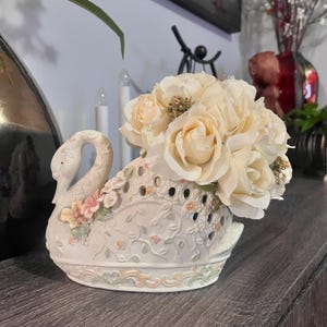 VTG Swan Planter/Candle Holder Ceramic Lattice & Floral - Porcelain Swan Planter Figurine - Vintage Ceramic Swan Planter