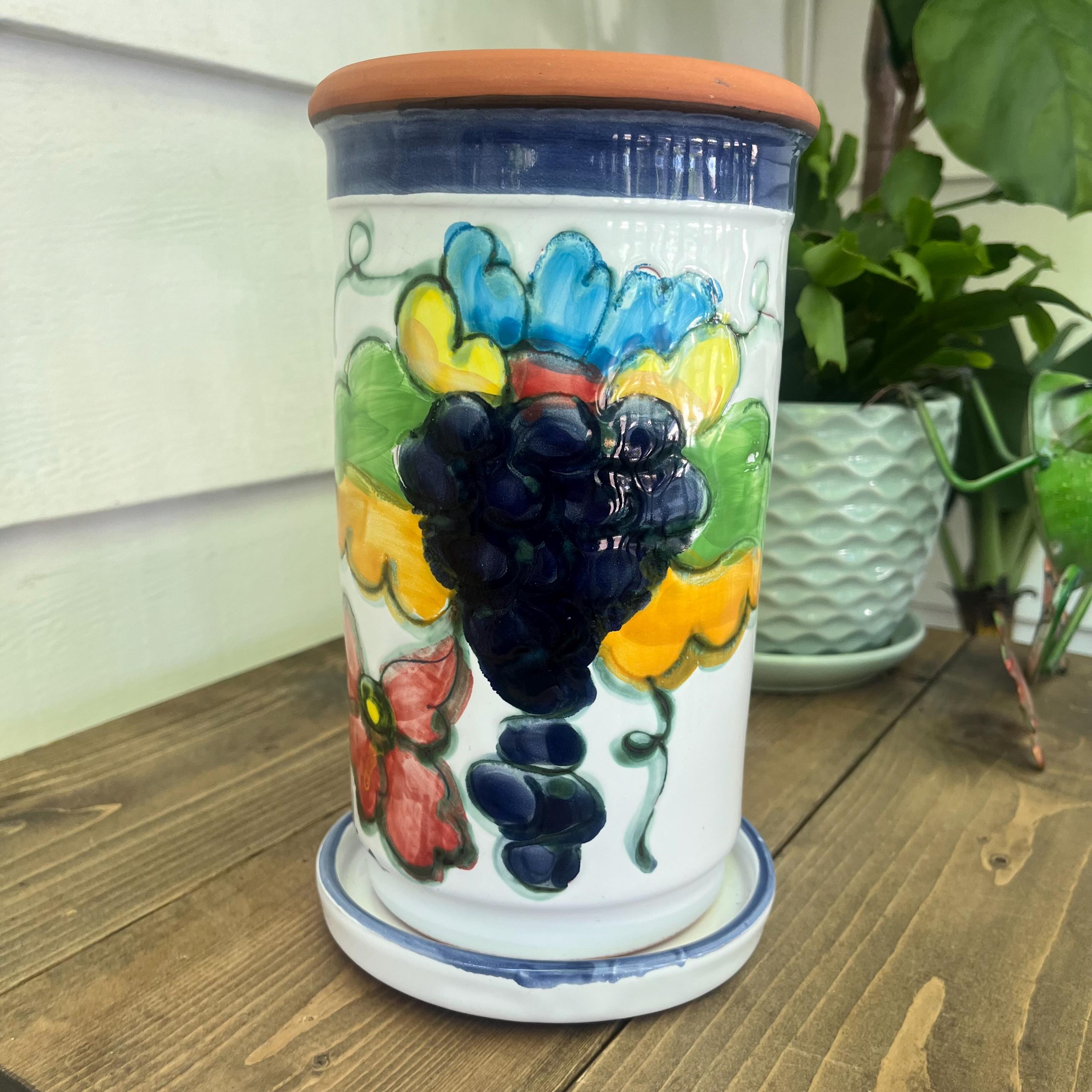 Vintage Himark Portugal Ceramic Wine Cooler | Hand Painted Grape Floral Design | Colorful Glazed Pottery | Mediterranean Decor