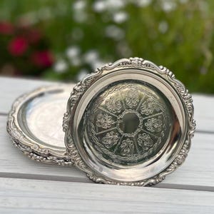 Vintage Silver-Plated Coasters Set of 6 | Stainless Steel Drink Coasters with Patina | Midcentury Barware | Classic Table Decor