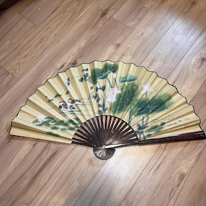 Antique Large Chinese Hand-Painted Watercolour Deco Wall Fan with Red Signature 36&quot; X 20&quot; – Lotus & Bird Design Wall Chinese Fan