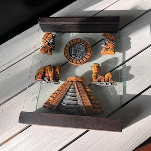 Vintage Mexican Mayan Aztec Wall Art Souvenir Plaque with Pyramid, Calendar & Figures