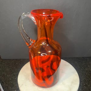 Jarra MCM Blenko Amberina con asa transparente - Vidrio tipo mandarina, 25 cm de alto
