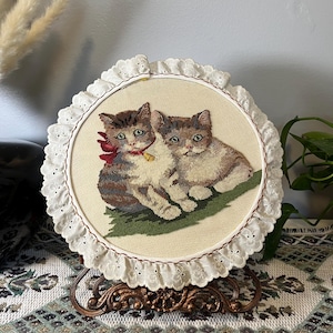 VTG Finished 2 Kittens Petit Point in Round Hoop with A Ruffle 12" Diameter, Wall Hanging/Table Decor.