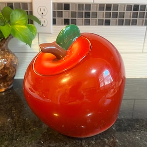 Vintage Red Candy Apple Shaped Handmade Ceramic Cookie Jar 9.5&quot; Tall
