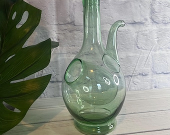 Vintage Italian Hand-Blown Green Glass Decanter | Porron Style Carafe with Ice Stopper 1950s Barware