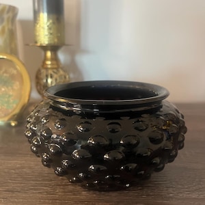Vintage LE Smith Black Amethyst Glass Hobnail Rose Vase Bowl, 1930s Depression Glass