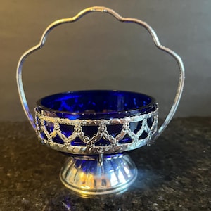 VTG Cobalt Blue Glass Sugar Bowl Resting in Stainless Steal Basket Made in England 1950