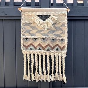 Vintage Boho Wool Handwoven Wall Hanging – Neutral Wool Geometric Tapestry with Fringe – Rustic Textile Art – Bohemian Wall Decor