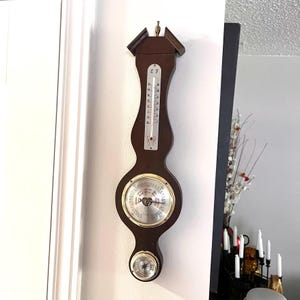 Vintage BANJO WEATHER GAUGE made in Japan |  Barometer - Thermometer -Hygrometer Wall Decor | Mid-Century Wood & Brass Weather Station