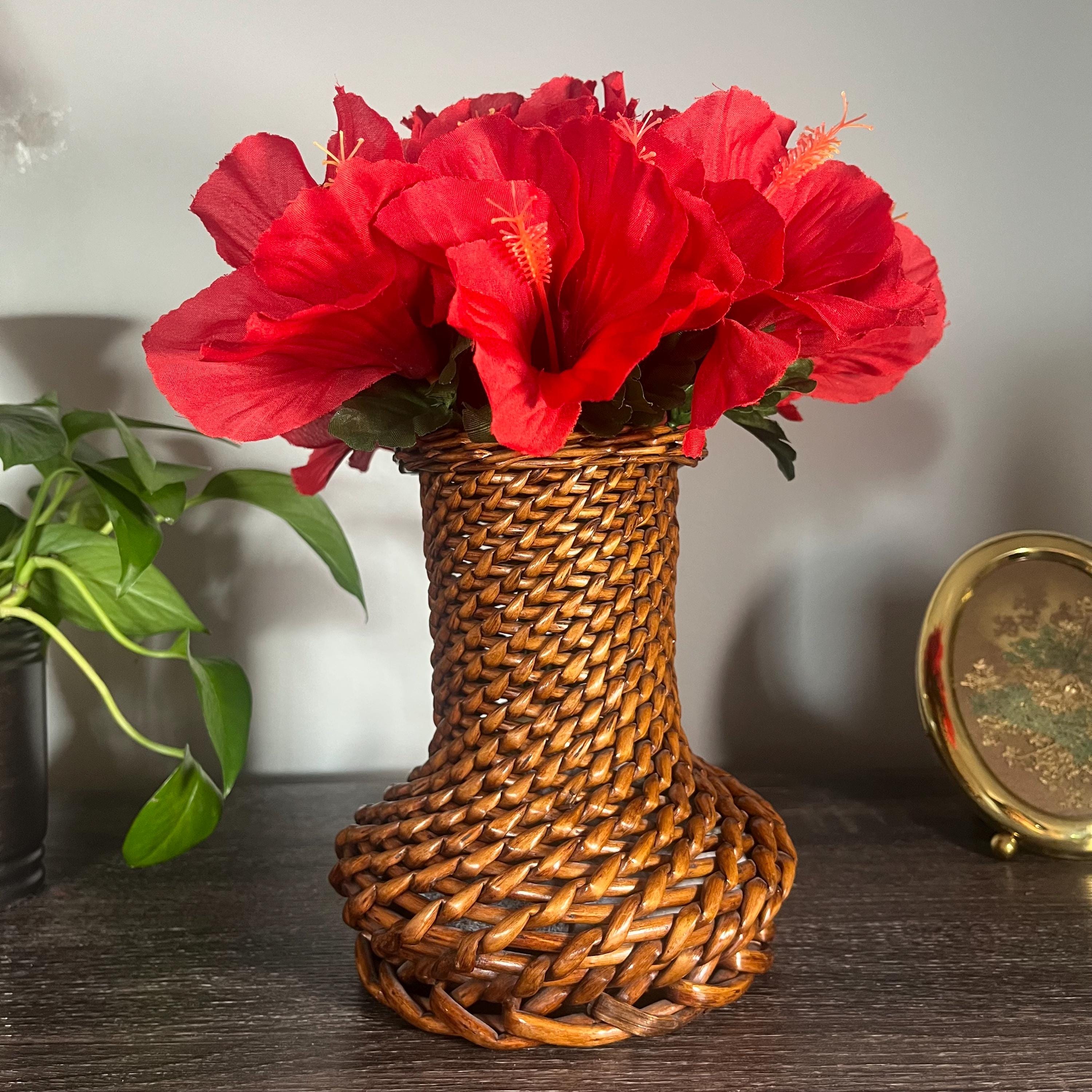 Vintage Hand Woven Wicker Rattan Faux Flower Vase Pure Handmade Dark Brown