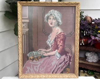 Vintage Needlepoint Tapestry Victorian Lady – Hand Stitched Framed Textile Art in Gilded Ornate Frame