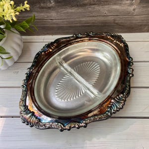 Vintage Sheridan Silver Plate Oval Serving Tray | 12.25&quot; with Divided Glass Insert | Ornate Handles | Marked 1979