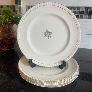 May include: A set of white ceramic plates with a gold rim and a leaf design in the centre. The plates have a ridged edge and are stacked on a black plate stand. These plates are likely for dining.