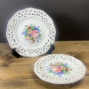 Vintage Floral Cutwork Porcelain Lattice Plates, Set of 2