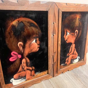 Black Velvet Paintings in Wood Frames Set of 2 | Boy & Girl on Potty | Signed Mexico | Vintage Kitsch Wall Art | Humorous Bathroom Decor
