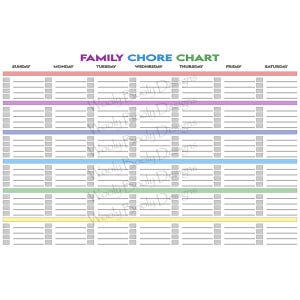 May include: A white family chore chart with the text "FAMILY CHORE CHART" in rainbow colours. The chart has seven columns for each day of the week and rows for tasks, with check boxes.