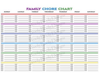 May include: A white family chore chart with the text "FAMILY CHORE CHART" in rainbow colors. The chart has seven columns for each day of the week and rows for tasks, with check boxes.