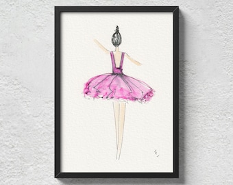 Ballet Wall Art, Ballerina Painting In Watercolour And Ink, Original Signed Contemporary Artwork