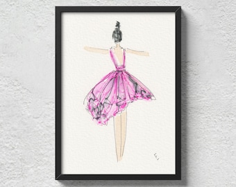 Ballet Wall Art, Ballerina Painting In Watercolour And Ink, Original Signed Contemporary Dance Artwork
