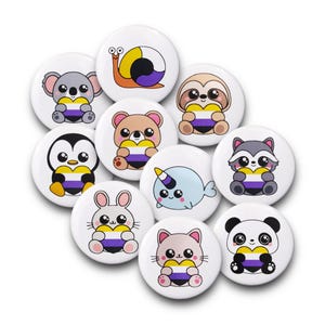 May include: A collection of ten circular pin-back badges featuring cartoon animals including a koala, snail, sloth, bear, penguin, narwhal, raccoon, rabbit, cat, and panda, each holding a heart with yellow, white, and purple horizontal stripes.