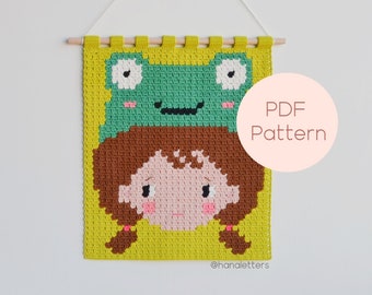 Frog Girl Wall Hanging Crochet Pattern, PDF Pattern, Crochet Wall Decor, Crochet Wall Hanging Pattern, Pixel Crochet Wall Hanging Pattern