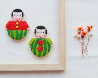 Roly-Poly Toy Felt Brooch, Roly-Poly Boy Brooch, Felt Watermelon Boy Pin, Playful Felt Pin, Playfulness Brooch, Childhood Felt Illustration