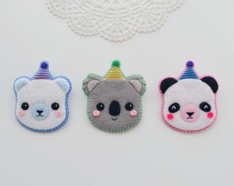 Polar Bear Felt Brooch, Koala Felt Pin, Felt Panda Brooch, Kawaii Bear Brooch, Felt Bear Pin, Party Hat Bear Badge, Animal Brooch