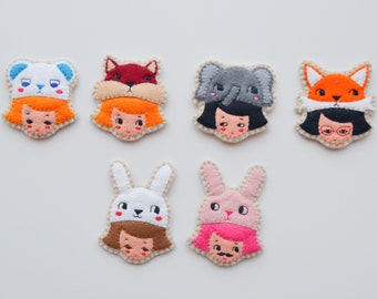 Final Sale! Imaginary Girl Felt Brooch, Animal Hat Brooch, Panda Girl Pin, Fox Girl Felt Pin, Elephant Girl, Rabbit Brooch