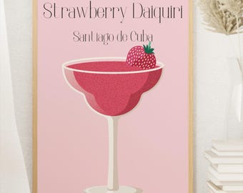 Poster digitale di cocktail alla moda, poster da parete per carrello bar, poster universitario, poster di Strawberry Daiquiri, estetica, download digitale
