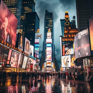 Times Square Night Photography | Neon City Lights & Reflections Print | Urban Rainy Street Scene | Futuristic New York Wall Art