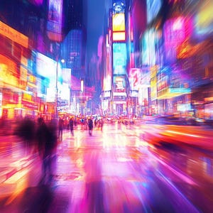 Abstract Neon Cityscape | Blurred Motion Times Square Print | Futuristic Urban Lights Wall Art | Vibrant Night Street Scene