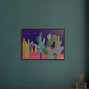 Arte di cactus stravagante / Stampa di paesaggio desertico disegnata a mano / Arte incorniciata ecologica / Pronta da appendere / Nessun download digitale