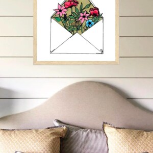 Arte murale con busta floreale disegnata a mano / Stampa romantica con cornice / Elegante regalo per lei e arredamento per la casa (nessuna stampa digitale)