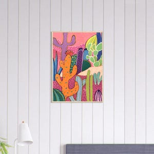 Arte bizzarra di cactus del sud-ovest / Arte popolare moderna disegnata a mano con colori vivaci e audaci / Stampa incorniciata / Nessun download digitale