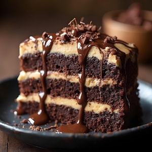 May include: A slice of layered chocolate cake with creamy filling and chocolate ganache dripping down the sides. The cake is topped with chocolate shavings and served on a black plate. A delicious dessert.