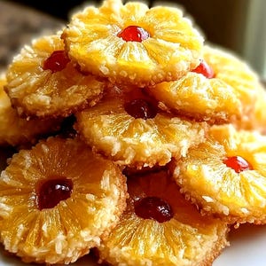 May include: A close-up shot of a pile of pineapple-shaped cookies. The cookies are golden yellow with a white, shredded coconut edge. Each cookie has a red cherry in the center. The cookies are stacked on top of each other.