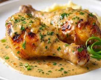 May include: Two roasted chicken drumsticks served on a white plate, coated in a creamy beige gravy with visible diced onions and sprinkled with fresh green herbs. A small portion of mashed potatoes is visible in the background.