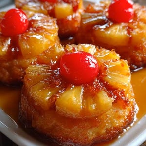 Op de afbeelding: Close-up van ananas-upside-down cakes op een wit bord. De cakes zijn goudbruin met een gekarameliseerde glazuur, gegarneerd met ananasschijfjes en een felrode kers. De cakes liggen in een poel van karamelsaus.