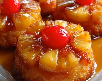 Könnte beinhalten: Nahaufnahme von Ananas-Upside-Down-Kuchen auf einem weißen Teller. Die Kuchen sind goldbraun mit karamellisiertem Überzug, belegt mit Ananasscheiben und einer leuchtend roten Kirsche. Die Kuchen liegen in einer Karamellsauce.