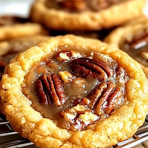 Puede incluir: Primer plano de varias galletas de pastel de nueces. Las galletas tienen una corteza dorada y escamosa con un relleno de nueces. El relleno es de color marrón claro y está cubierto con nueces enteras. Las galletas están sobre una rejilla metálica.