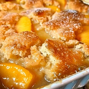 May include: Close-up of a baked peach cobbler in a white and blue dish. The cobbler features golden-brown, flaky crust and juicy, bright yellow peach slices. The dessert is glistening with a sweet glaze, a classic comfort food.